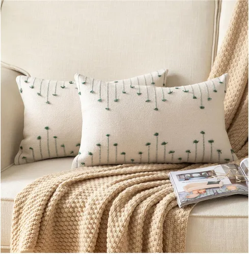 Miniatura 13 de Caflife Fundas de almohada boho de 18 x 18 pulgadas, juego de 2 almohadas decorativas para cama, fundas de almohada beige con línea negra para sofá