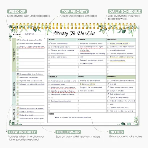 Miniatura 2 de Taja Bloc de notas semanal de tareas pendientes con 52 hojas sin fecha (8.5 x 11 pulgadas), planificador semanal de escritorio para mujeres