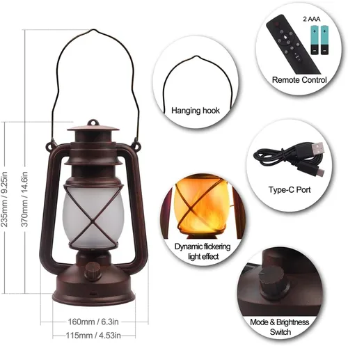 Miniatura 6 de Farol LED de campamento con pilas, lámpara colgante para exteriores, linterna recargable, llama parpadeante, faroles retro, control remoto, 4 modos