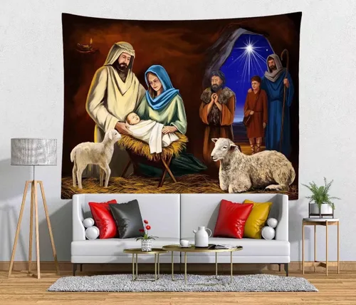 Miniatura 2 de CORFOTO Tela 106 pulgadas de ancho x 70 pulgadas de alto, tapiz para colgar en la pared, tapiz de pared cristiano de nacimiento de Jesús, pesebre