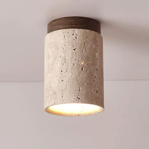 Lampara de Techo Empotrada Moderna Minimalista de Travertino, Estilo Nórdico Japón en Madera Cilíndrica, Base E27 para Dormitorio Sala de Estar