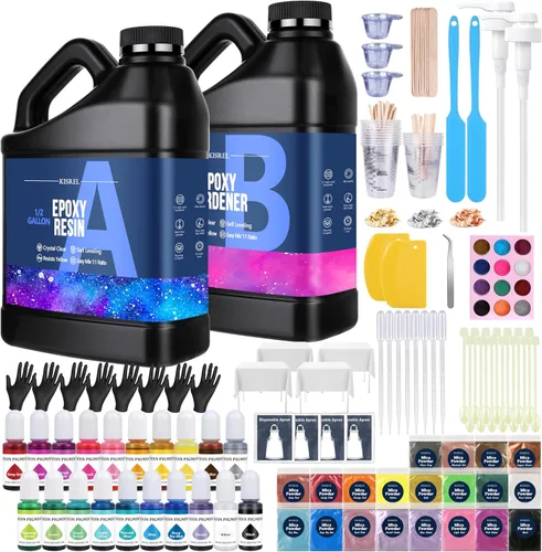 KISREL Resina epoxi de 1 galón – Kit de resina epoxi transparente con 20 pigmentos y 20 colores de polvos de mica, sin amarillamiento, sin burbujas