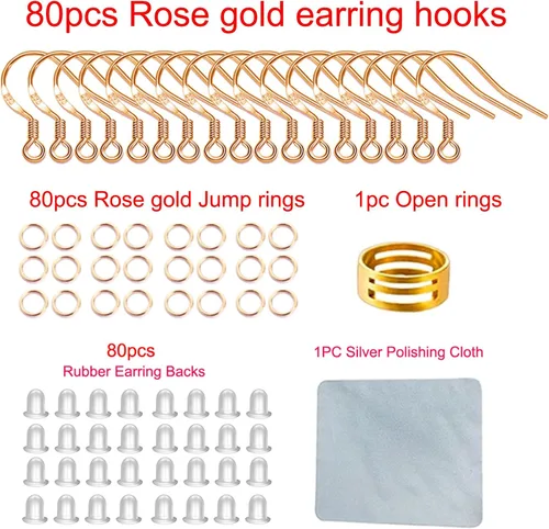 Miniatura 2 de Ganchos para aretes de oro rosa, kit de 240 piezas de fabricación de aretes con ganchos hipoalergénicos para las orejas, anillos de salto y parte