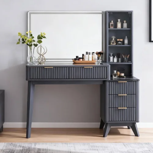 Miniatura 9 de RedLemon Escritorio de tocador acanalado de 48 pulgadas con espejo HD grande de 36 pulgadas y luces, mesa de maquillaje moderna de vidrio de madera