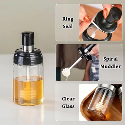 Miniatura 3 de MIUPOO Tarro de miel con cubierta de cuchara, diseño ondulado antideslizante botella de miel de vidrio, transparente de contenedor de miel, olla