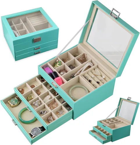 Miniatura 2 de BOOVO Clear Lid Jewelry Box For Girl,3 Layers Jewelry Organizer boxes For Women Turquoise Earring Jewelry Box For Girl Necklace Ring Bracelet