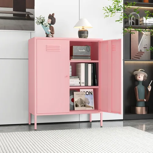 Miniatura 15 de Soporte de metal para TV, armario de almacenamiento con 2 puertas acrílicas, armario rosa con estante ajustable, gabinete lateral para el hogar