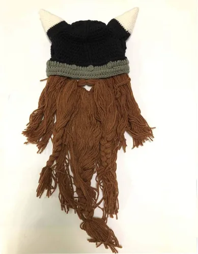 Miniatura 9 de YEKEYI Sombrero de cuerno de barba vikingo gorro de invierno cálido máscara de lana tejida divertida gorra de calavera