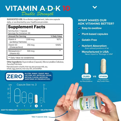 Miniatura 5 de Power By Naturals ADK 10 - Vitamina A de alta potencia, D3 10000 IU, suplemento K2 MK7 – 90 pastillas (1 unidad) para 3 meses de apoyo a la salud