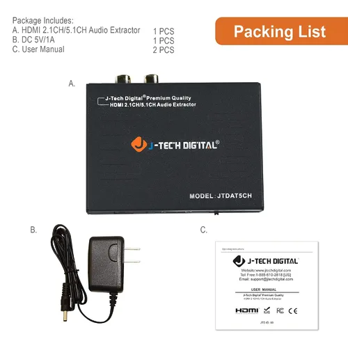 Miniatura 6 de J-Tech Digital Premium Quality 1080P HDMI a HDMI + Audio (SPDIF + RCA estéreo) Convertidor y extractor de audio (JTDAT5CH)