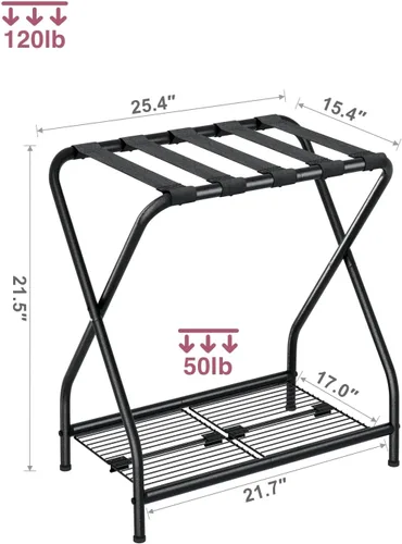 Miniatura 3 de Portaequipajes, soporte plegable para maleta con estante de almacenamiento, soporte de equipaje de metal para habitación de invitados, dormitorio
