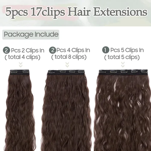 Miniatura 3 de S-noilite Extensiones de cabello con clip de 24 pulgadas en ondulado, marrón, ondas sueltas, 5 piezas, piezas gruesas de cabeza completa