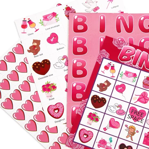 Miniatura 4 de jollylife Tarjetas de bingo para 40 jugadores para el día de San Valentín, suministros para fiestas, actividades para adultos (rosa)