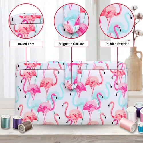 Miniatura 3 de SINGER Cesta de aparejos grande de alta calidad, estampado de flamenco pastel con kit de costura de viaje de emergencia y bolsa con cremallera a