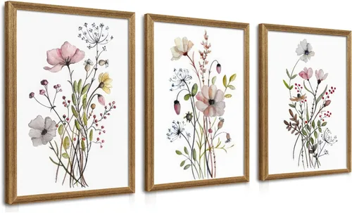 Miniatura 13 de WRFON Lienzo botánico y de flores, arte enmarcado de pared de paisaje de montaña, juego de 3, impresión en lienzo de prado de flores silvestres