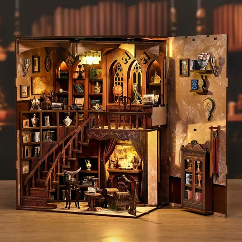 Miniatura 6 de Kit de rincón de libros, casa en miniatura de madera 3D Biblioteca de rimas antiguas para decoración de estanterías, manualidades relajantes