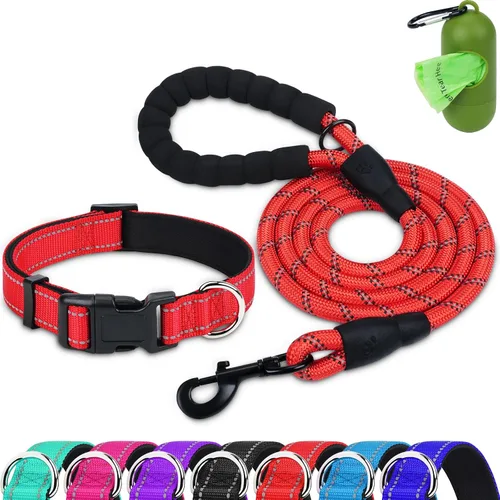 Miniatura 8 de Dynmeow Juego de collar y correa reflectante para perro, correa de cuerda de escalada fuerte de 6 pies con mango acolchado, collar ajustable