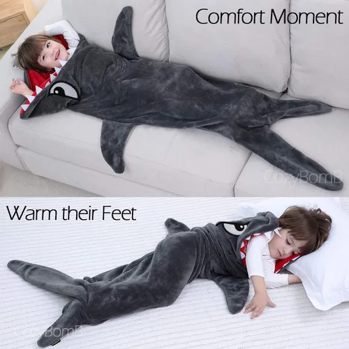 Miniatura 4 de CozyBomB Manta de animales con cola de tiburón para niños, diseño acogedor y suave de una pieza, manta de felpa duradera sin costuras