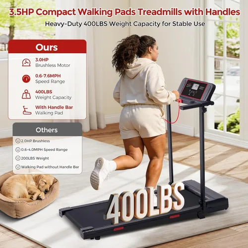 Miniatura 2 de MCRG Almohadilla para caminar con barra de asa, 3.5 HP eléctrica para correr caminadora con asas, 0.6-10.0 MPH caminadora pequeña portátil con barra