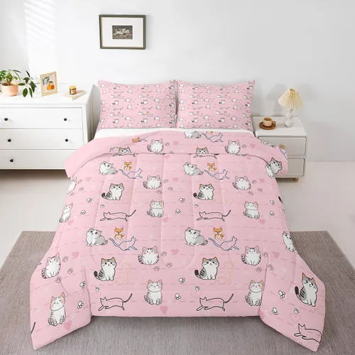 Miniatura 14 de Erosebridal Lindo juego de edredón de gato, tamaño individual, kawaii, fresa, juego de ropa de cama para niñas, diseño de arco iris, edredón rosa