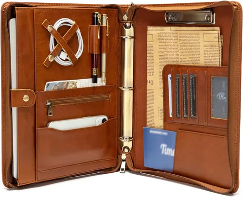 Miniatura 13 de YIWEN Portafolio de cuero genuino hecho a mano, portafolio con cremallera y carpeta de 3 anillos, organizador profesional de negocios, carpeta