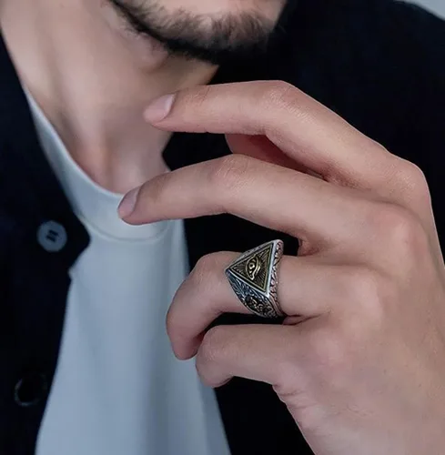 Miniatura 3 de Anillo de ojo de Dios abierto para hombres y mujeres, ajustable, vintage, ojo de Horus, triangular, negro, plata, grabado ojo de ver, anillo