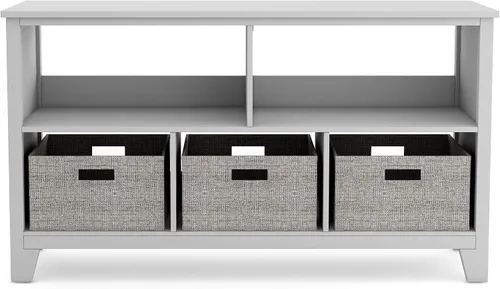 Miniatura 4 de Martha Stewart Estantería baja para niños (gris) - Organizador de almacenamiento de madera de 24 pulgadas con cubos de tela para sala