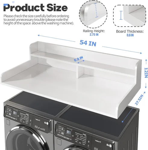 Miniatura 2 de Encimera de 2 niveles para lavadora y secadora con protector de 2.75" de altura, 54" de ancho x 27.5" de profundidad, cubierta de encimera de Blanco