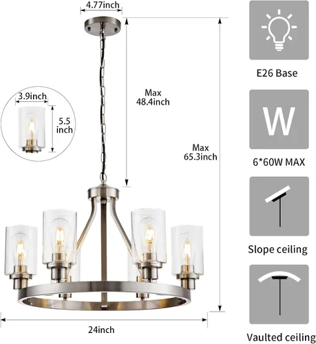 Miniatura 4 de Lanhall - Lámpara moderna de 6 luces para comedor, lámpara de techo en níquel cepillado para cocina, candelabro colgante con pantalla de vidrio
