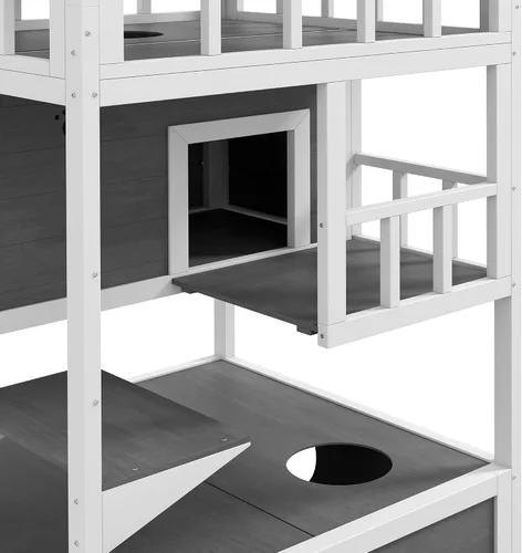 Miniatura 9 de Robust Multi-Story Cat Condo Featuring Asphalt Roof, Escape Doors, Jumping Platform, Durable Material, Light Gray Exterior