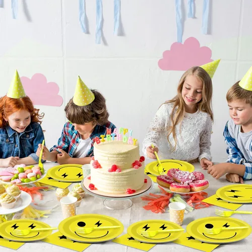 Miniatura 7 de 96 piezas de platos y servilletas de papel con cara sonriente amarilla, suministros de fiesta de cumpleaños para 24 invitados, juego de vajilla