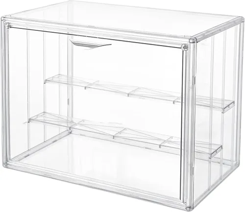 Attelite Vitrina de acrílico transparente, estante de exhibición de 3 niveles con 2 placas móviles, escaparate de protección apilable para figuras