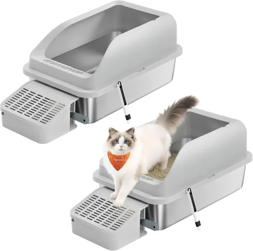 Miniatura 9 de Feandrea Caja de arena para gatos de acero inoxidable con tapa abatible, alfombrilla y caja, 2 puertas, cuchara, para gatos de hasta 33 libras, gris