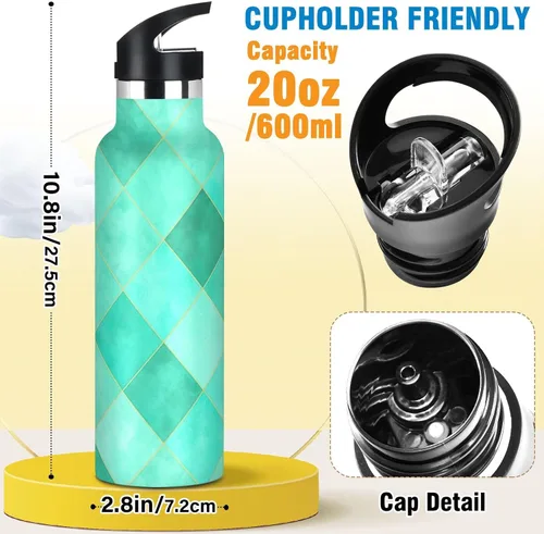 Miniatura 2 de Kids Water Bottle with Straw for School Leakproof Sports Water Bottle for Boys Girls 20oz, BPA-Free, Turquoise Aqua Diamond Tiles
