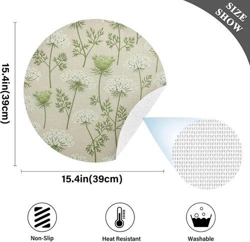 Miniatura 4 de Flowers Green White Blooms Beige Dining Room Table Placemats, Heat Resistant Non Slip Washable Round Place Mats for Kitchen one sizex1