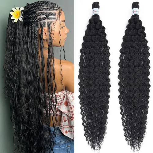 Miniatura 57 de Cabello para trenzar rizado ondulado negro 1B preestirado de onda oceánica profunda de ganchillo bohemio para trenzar de 16 pulgadas, 2 paquetes