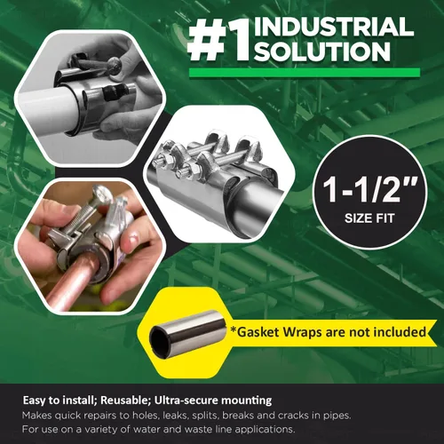 Miniatura 4 de HIGHCRAFT 60150TTSD-5, Abrazadera de reparación de tubo simple 1-1/2'', tornillo doble, 6" largo, acero inoxidable (paquete de 5), cromo