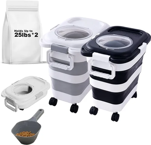 SEWIU Paquete de 2 contenedores de almacenamiento de comida para perros de 25 lbs, contenedor de comida para perros plegable con cuchara,