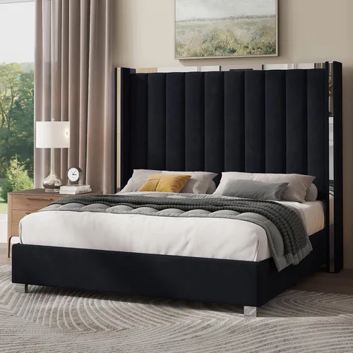Miniatura 10 de Jocisland Base de cama tamaño Queen con cabecero de 58 pulgadas de alto, cama tapizada de terciopelo con plataforma con cabecera con alas capitoné