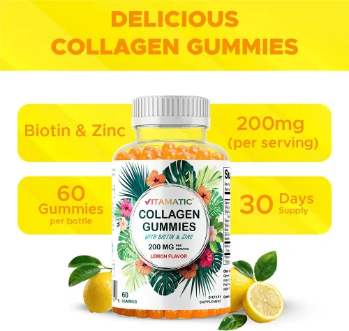 Miniatura 6 de Vitamatic Gomitas de colágeno hidrolizado con vitamina C, zinc y biotina, 200 mg - Apoyo para la piel saludable - 60 gomitas