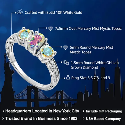 Miniatura 48 de Gem Stone King Anillo de compromiso de 3 piedras preciosas de oro blanco de 10 quilates con piedra natal y diamantes cultivados en laboratorio
