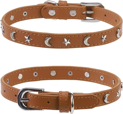 Miniatura 14 de Collar de cuero para perros pequeños, collar suave y ajustable con remaches de estrella y luna para perros machos y hembras, collares para cachorros