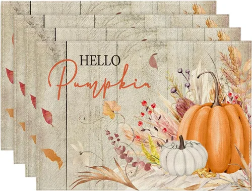 Miniatura 7 de Artoid Mode Juego de 2 manteles individuales de otoño de 12 x 18 pulgadas con diseño de hojas florales de calabaza naranja y calabaza