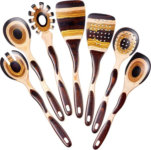 Juego de 7 utensilios de cocina de madera de Pakkawood para cocinar, cucharas de madera para cocinar, seguro, ecológico, antiadherente, utensilios