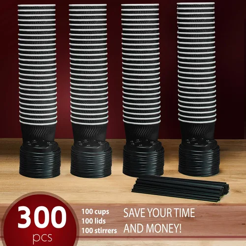 Miniatura 6 de Primens Tazas de café desechables aisladas con tapas y pajitas de 12 onzas, 100 paquetes, vasos de papel para bebidas calientes, bebidas