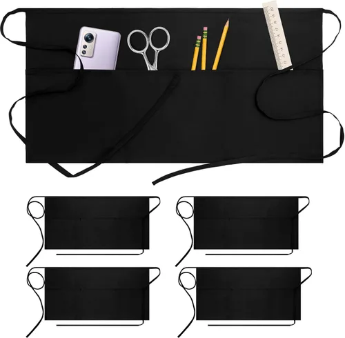 Paquete de 4 delantales de servidor con 3 bolsillos, delantal de camarera, delantales impermeables de cintura corta para mujeres y hombres, color