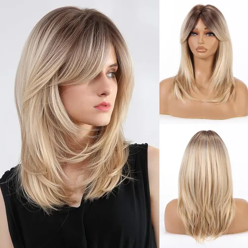 Miniatura 9 de Allbell - Peluca larga y lacia para mujer, color ombré castaño claro a rubio con flequillo, con reflejos, de cabello sintético, resistente al calor