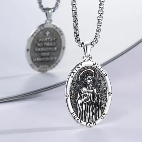 Miniatura 696 de Collar con colgante de plata de ley 925 con medalla de San Patrón, joyería religiosa para hombres y mujeres, con cadena de acero inoxidable 316L
