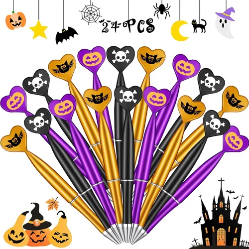 Teling Paquete de 24 bolígrafos de Halloween con forma de calabaza, calavera, murciélago, corazón, 0.039 in, tinta negra, bolígrafos retráctiles de