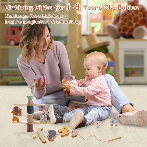 Miniatura 6 de Juguetes de animales de madera con cuentas para enhebrar y abrochar para niños de 3, 4 y 5 años, bloques apilables y juguete de equilibrio, juguete